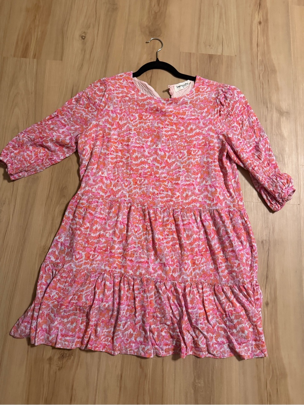 Impressions Tiered Ruffle Dress Abstract Floral Pink Orange 3/4 Sleeve S